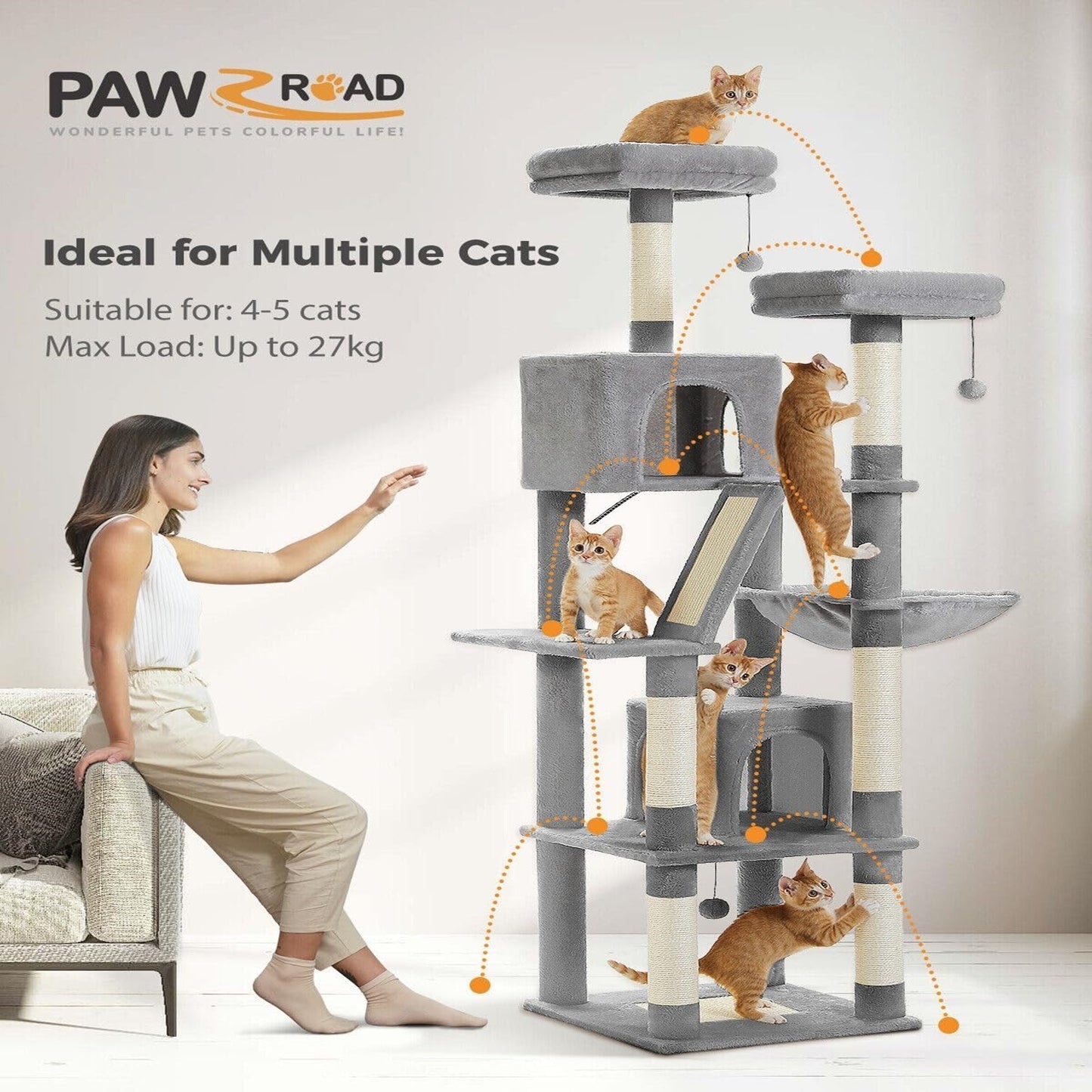 180cm Large Cat Tree For Indoor Cats, Multi-Level Cat Tower Cat Scratching Post